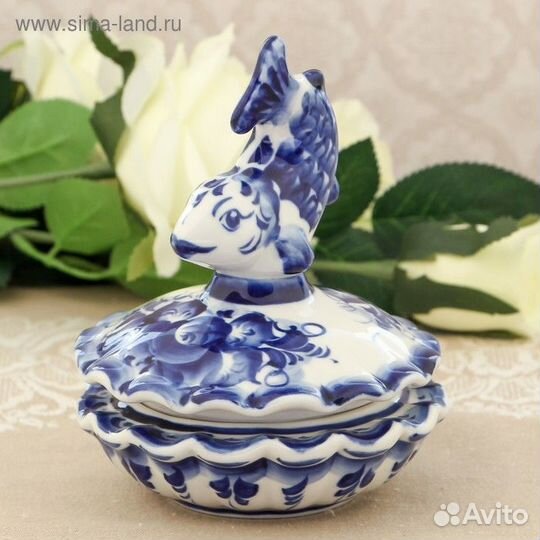 Икорница «Рыбка», с крышкой, 131316 см, гжель