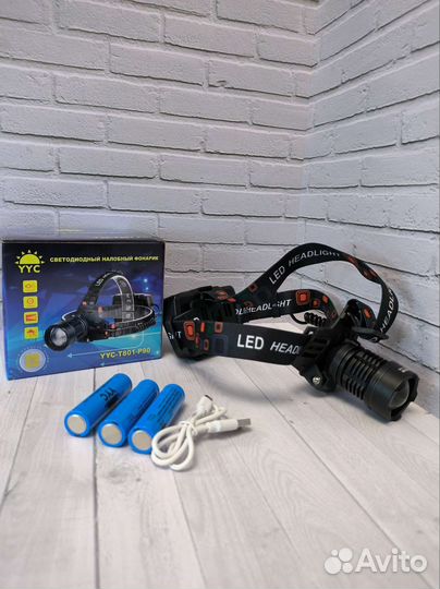 Фонарик светодиодный на голову лоб аккамуляторами