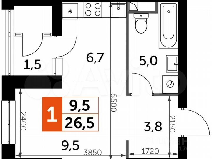 1-к. квартира, 26,5 м², 6/43 эт.