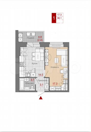 1-к. квартира, 38,1 м², 4/9 эт.