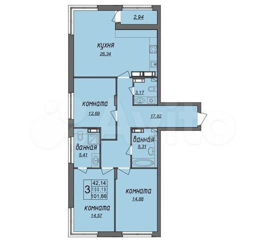3-к. квартира, 101,7 м², 2/9 эт.