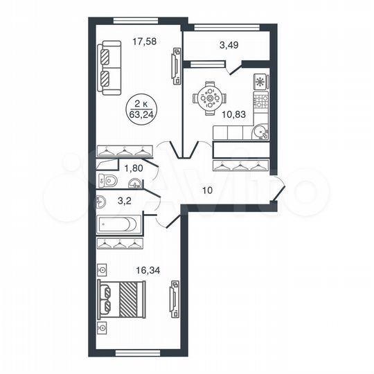 2-к. квартира, 63,2 м², 10/17 эт.
