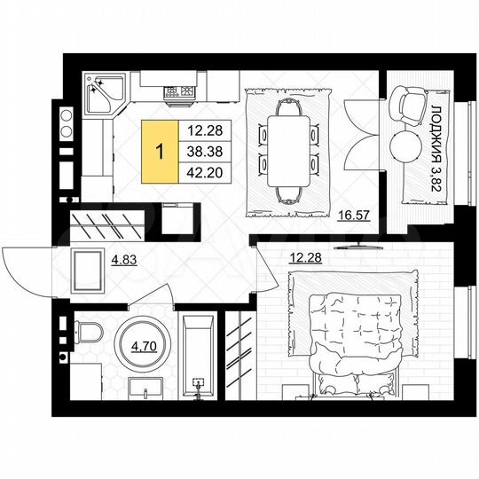 1-к. квартира, 42,2 м², 2/7 эт.