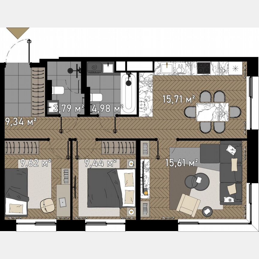 3-к. апартаменты, 69,9 м², 9/23 эт.