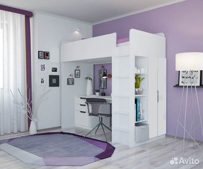 Кровать-чердак Simple со столом и шкафом Белый