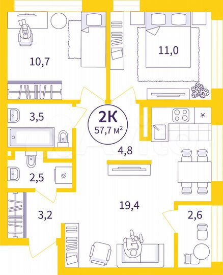 2-к. квартира, 56,4 м², 16/16 эт.