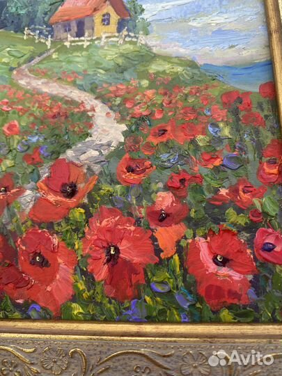 Картина-миниатюра маслом маковое поле