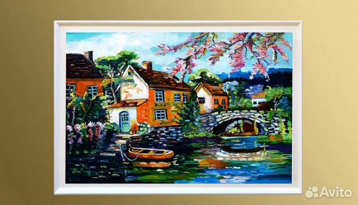 Картина маслом Пейзаж с домиками холст 30на40см