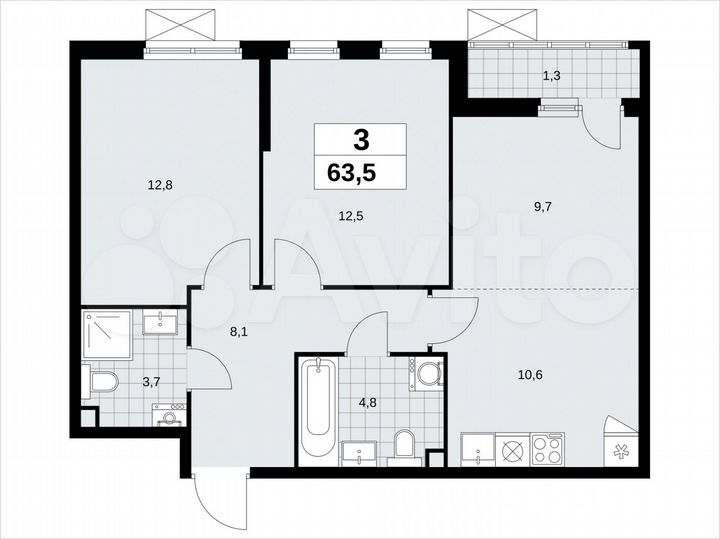 3-к. квартира, 63,5 м², 2/13 эт.