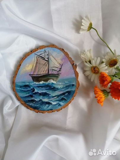 Море. Картина масляными красками на спиле дерева