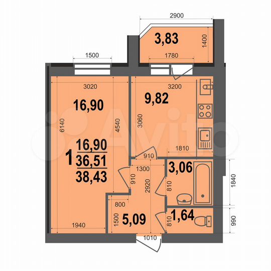 1-к. квартира, 38,4 м², 1/5 эт.