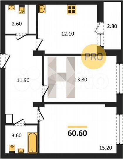2-к. квартира, 60,6 м², 8/13 эт.