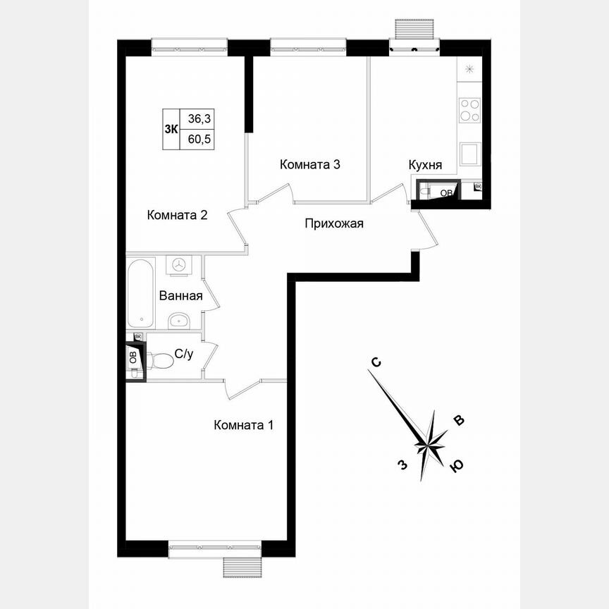 3-к. квартира, 60,5 м², 19/21 эт.