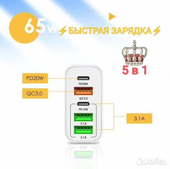 Зарядное устройство. Быстрая зарядка 65W 5 в 1