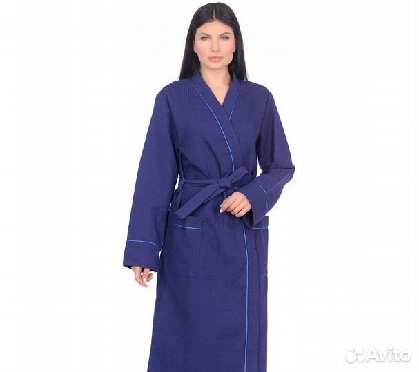 Халат вафельный Home One с кантом синий 58