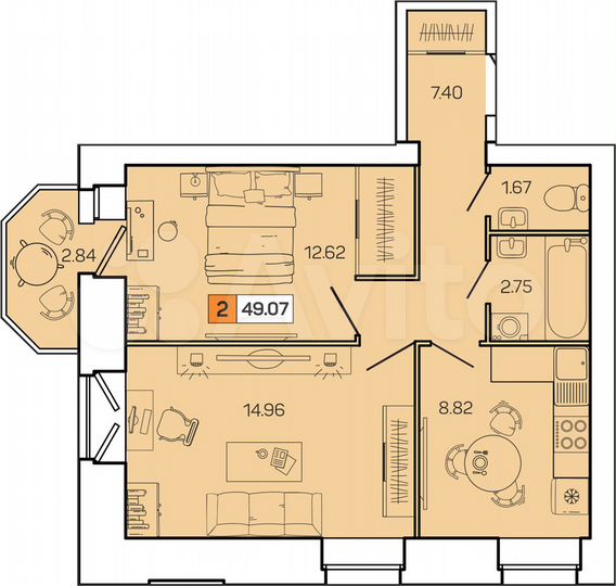 2-к. квартира, 49,1 м², 7/9 эт.