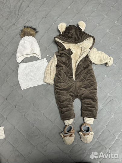 Комбинезон, шапочка и снуд, пинетки теплые
