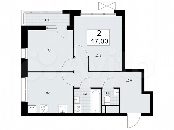 2-к. квартира, 47 м², 5/9 эт.