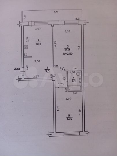 2-к. квартира, 50,3 м², 5/5 эт.
