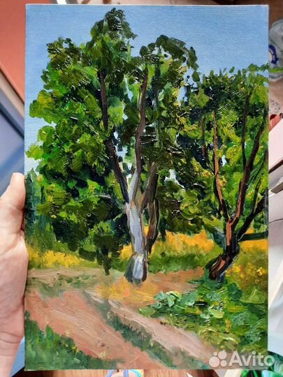 Яблоня и Груша Картина маслом деревья 20 на 30 см