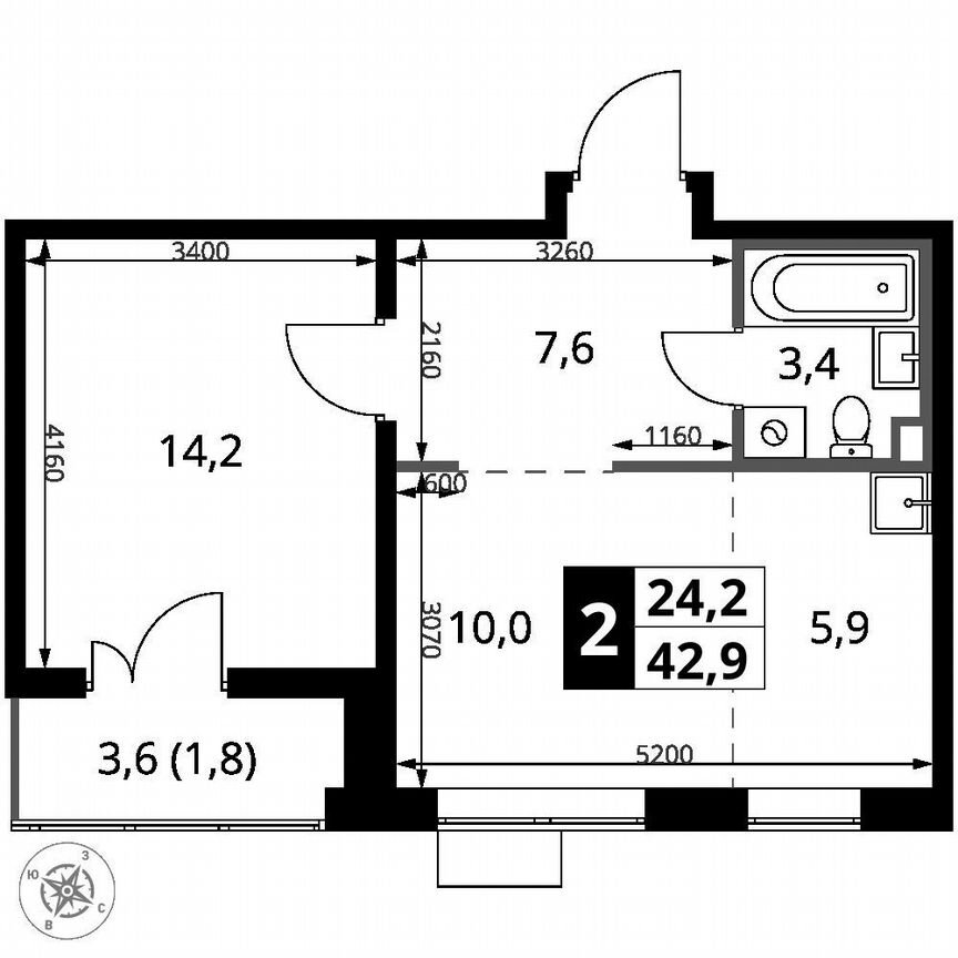 2-к. квартира, 42,9 м², 2/25 эт.