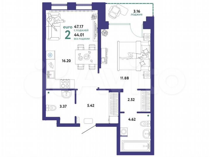 1-к. квартира, 47,2 м², 2/13 эт.