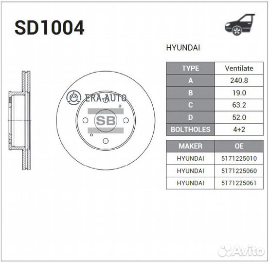 Sangsin brake SD1004 Торм.диск пер.вент.241x19 4 о