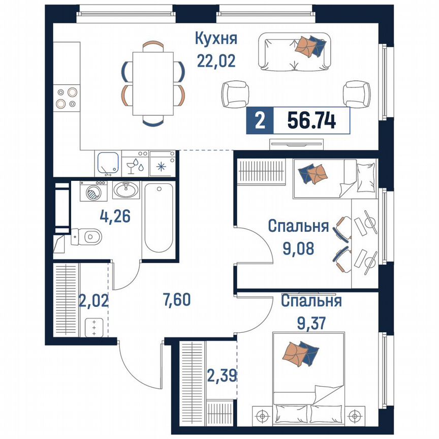 2-к. квартира, 56,7 м², 12/18 эт.