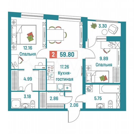 2-к. квартира, 59,8 м², 2/18 эт.