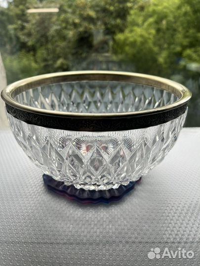 Салатник хрусталь с мельхиоровым ободком