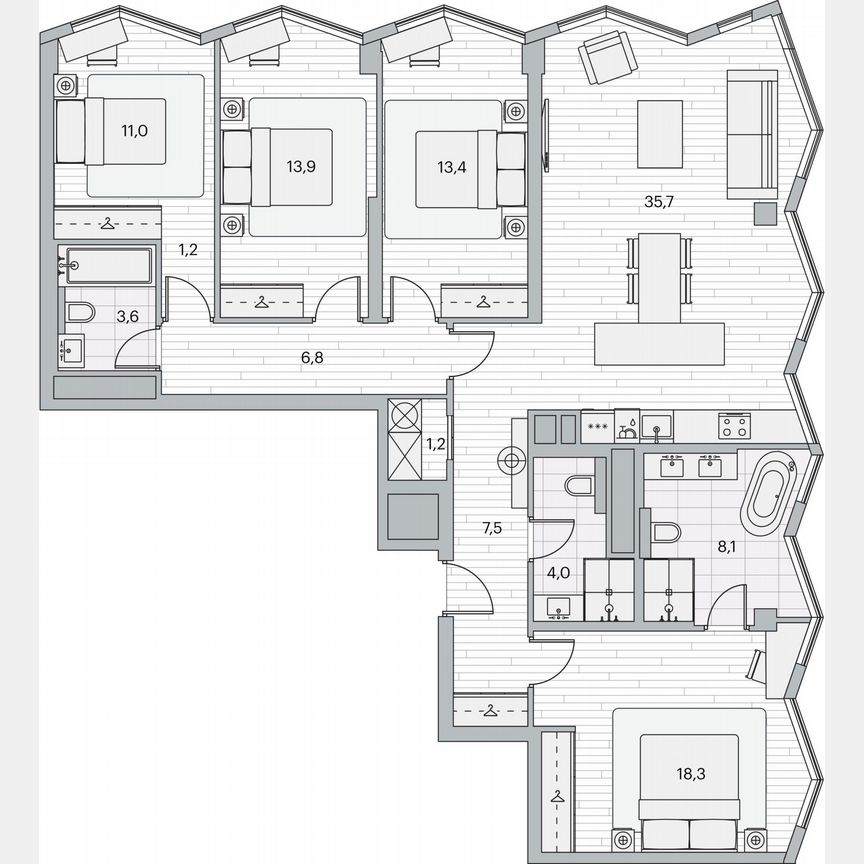 4-к. квартира, 125 м², 8/13 эт.