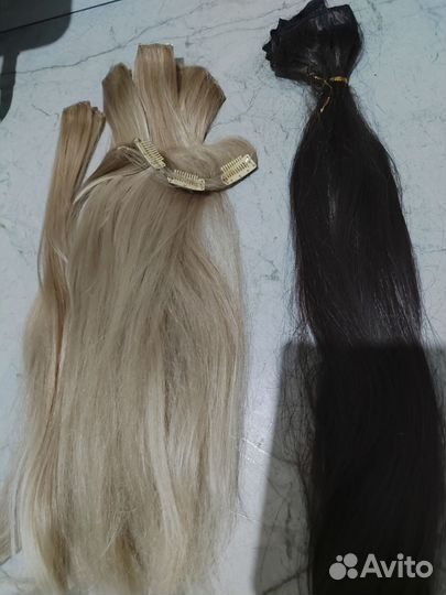 Волосы на заколках искусст. 50-60 см.белые, темн