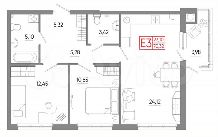 2-к. квартира, 70,3 м², 1/18 эт.