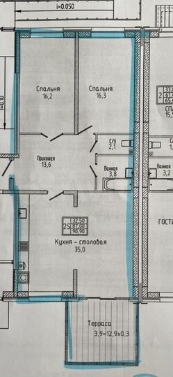 2-к. квартира, 90,9 м², 1/12 эт.
