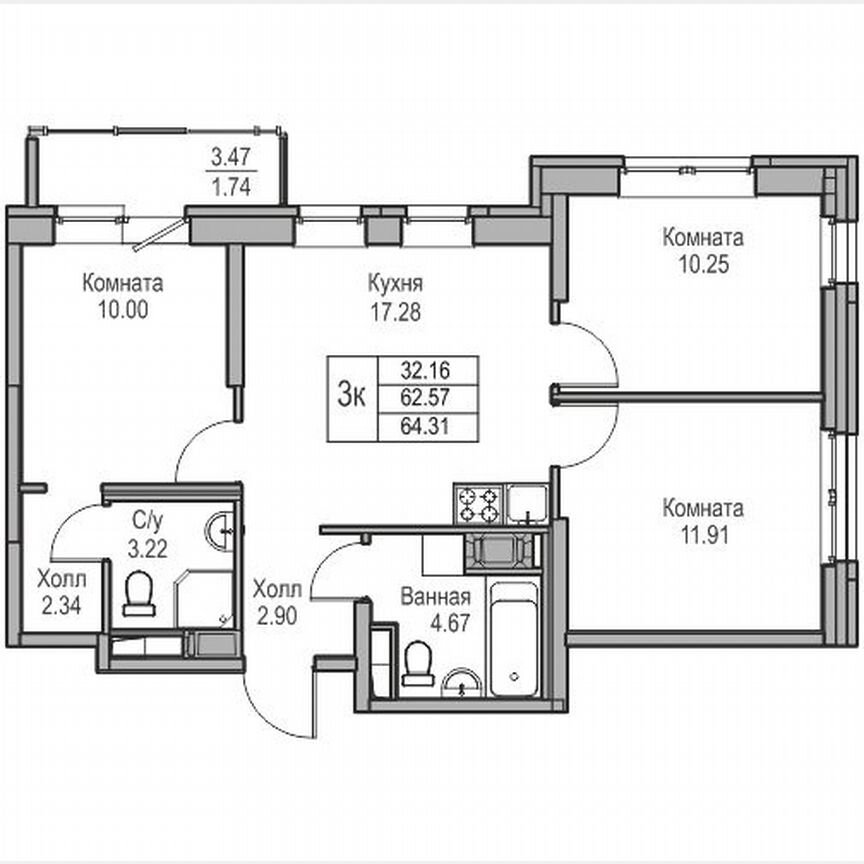 3-к. квартира, 64,3 м², 2/23 эт.