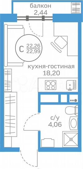 Квартира-студия, 22,3 м², 8/20 эт.