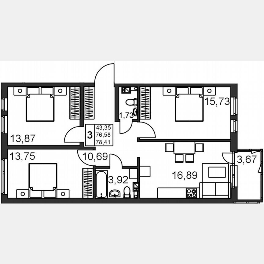 3-к. квартира, 78,4 м², 3/5 эт.