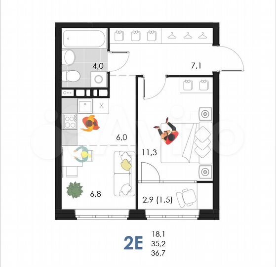 2-к. квартира, 36,7 м², 6/6 эт.