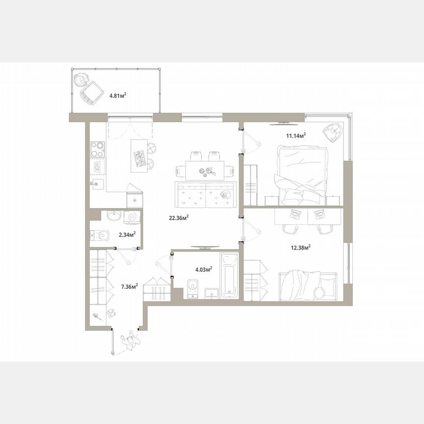 2-к. квартира, 61,1 м², 7/12 эт.
