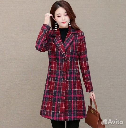 Пальто шерстяное двубортное приталенное клетчатое