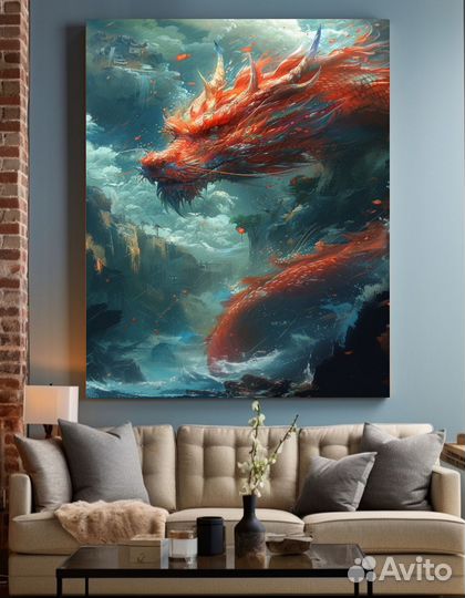 Большая картина текстурной пастой красный дракон