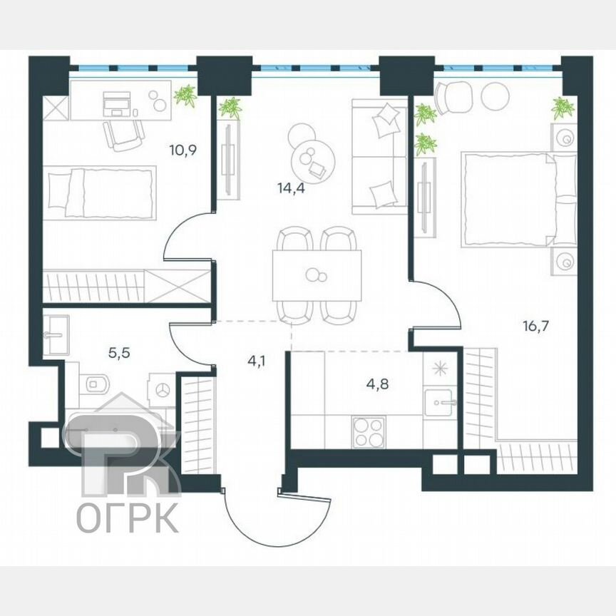 2-к. квартира, 56,4 м², 11/69 эт.