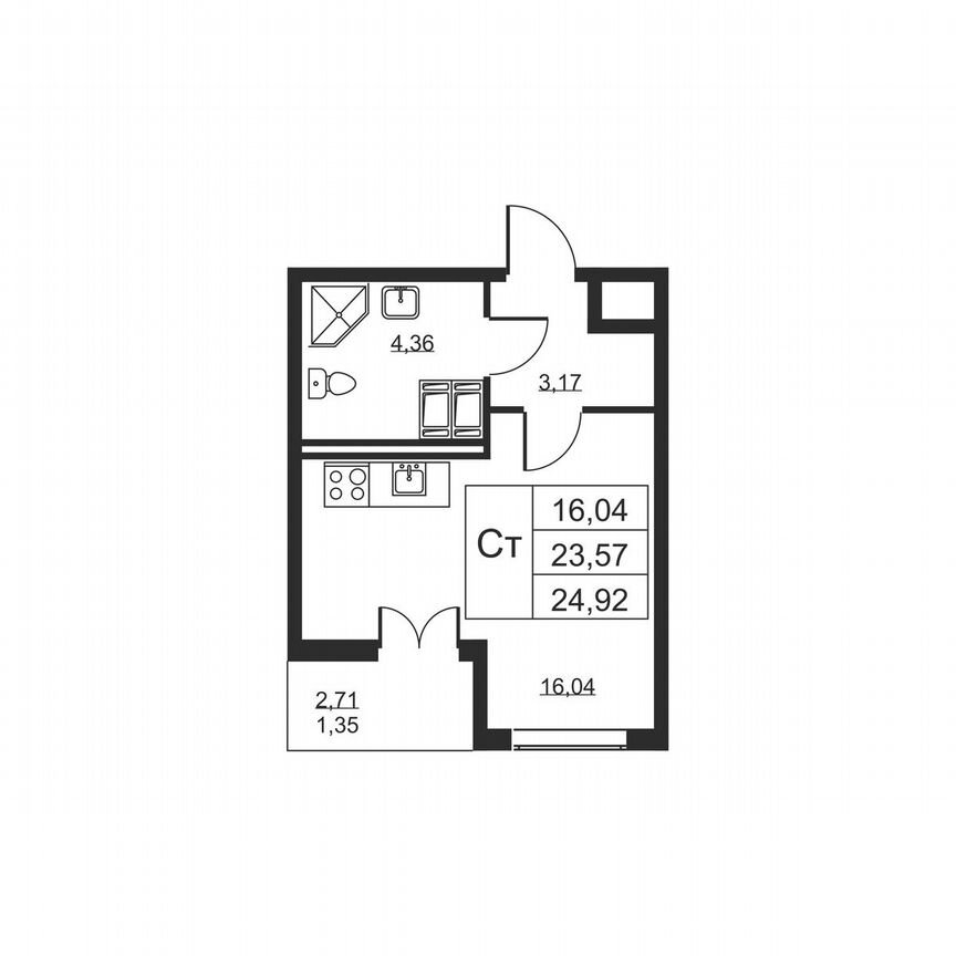 Квартира-студия, 24,9 м², 16/19 эт.