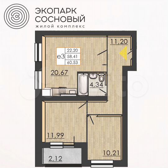 2-к. квартира, 58,2 м², 1/4 эт.