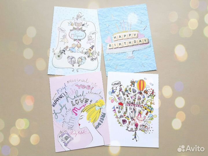 Открытки мини карточки на День Рождения 4 шт