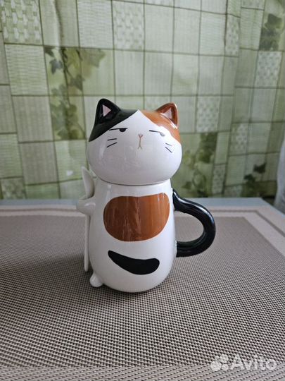 Кружка керамическая с ложкой неко кошка/кот
