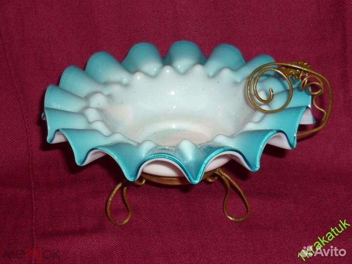 Ажурная ваза конфетница голубое стекло Нач 20 века