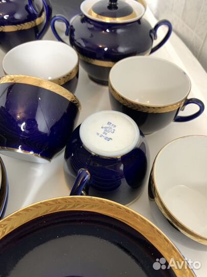 Чайный фарфоровый сервиз кобальт. Колосок лфз