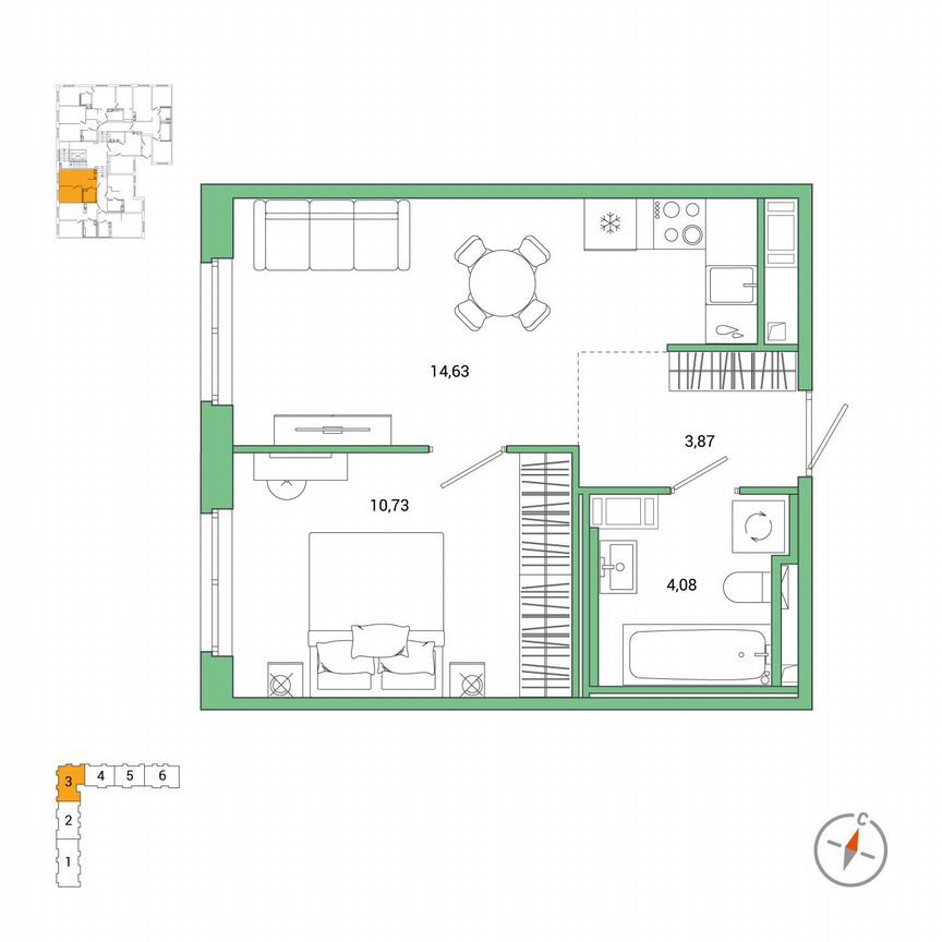 1-к. квартира, 33,3 м², 1/7 эт.