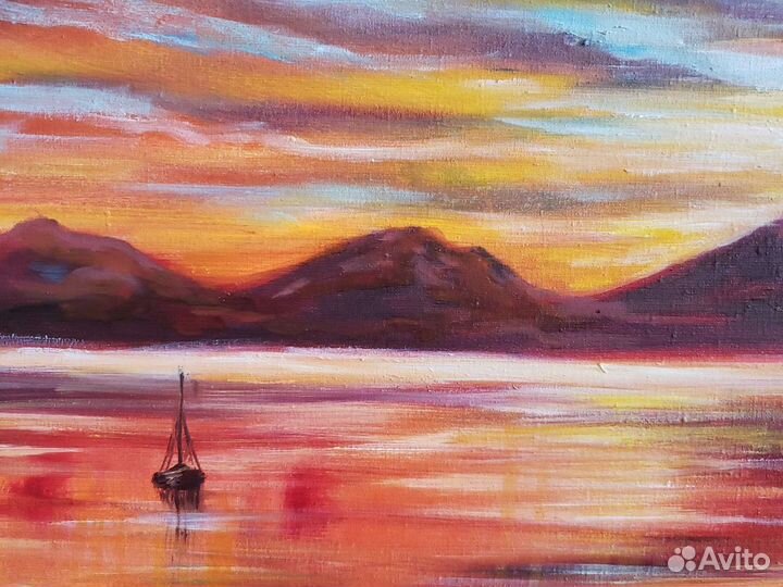 Большая Картина маслом пейзаж море закат парусник